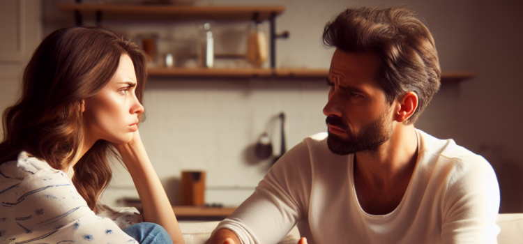 A couple struggling with understanding how to deal with conflict in a marriage as they're arguing and looking angry at each other