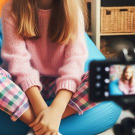 A child sitting on her bedroom floor recording a video on her phone for social media