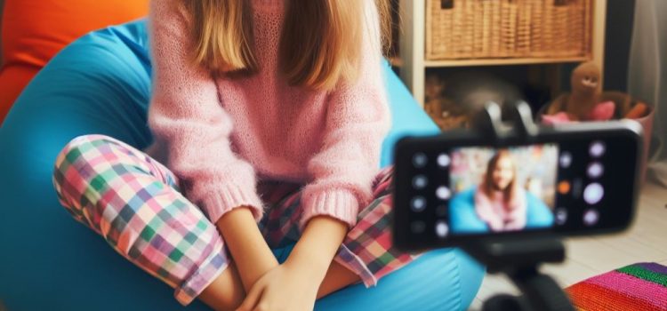 A child sitting on her bedroom floor recording a video on her phone for social media