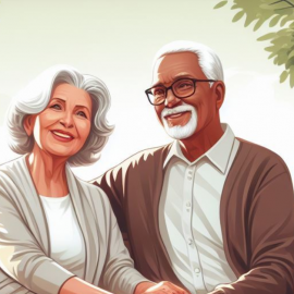 An elderly couple sitting on a bench and smiling as people who know how to make their relationship strong and last longer.