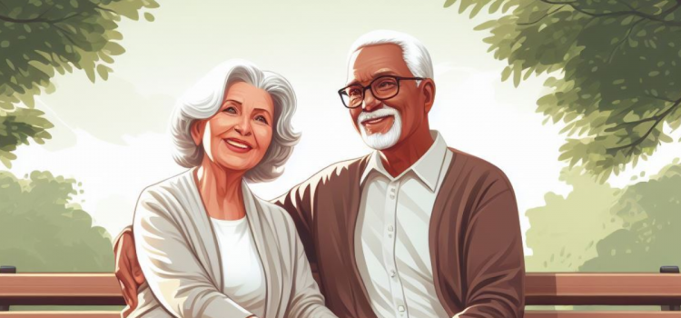 An elderly couple sitting on a bench and smiling as people who know how to make their relationship strong and last longer.