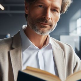 A bearded man wearing a suit in an office and reading a book