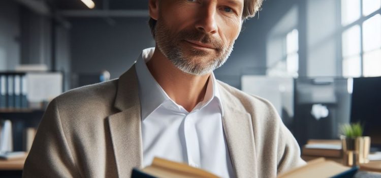 A bearded man wearing a suit in an office and reading a book