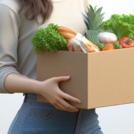 A woman carrying a box of vegetables illustrates how to avoid estrogenics by eating well