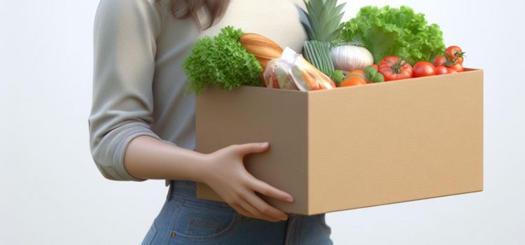 A woman carrying a box of vegetables illustrates how to avoid estrogenics by eating well