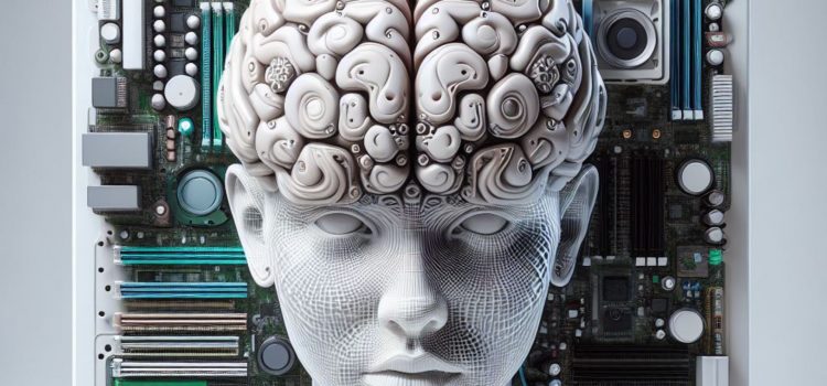 A visual representation of the brain as a computer, with a human head sculpture in front of the inside of a desktop computer.