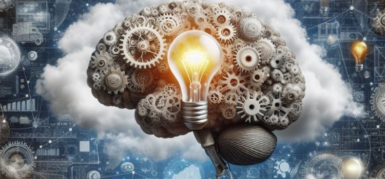 A brain that's in a flow state of mind full of gears and a lightbulb in front of a cloud