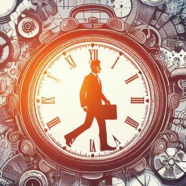 A businessman walks inside a clock surrounded by people working busily, all designed to illustrate how to make time go slower