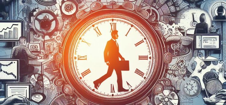 A businessman walks inside a clock surrounded by people working busily, all designed to illustrate how to make time go slower