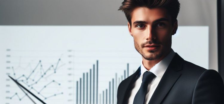 A businessman in a suit and tie pointing at graphs and charts on a screen that represent basic business principles.