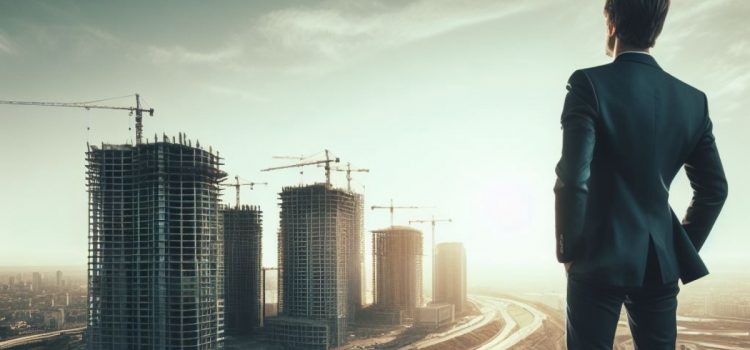 A businessman succeeding at his business growth plan, looking at high-rise buildings being constructed in the distance.
