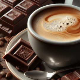 A mug of coffee next to chocolate bars illustrates the dangers of endocrine disruptors in food