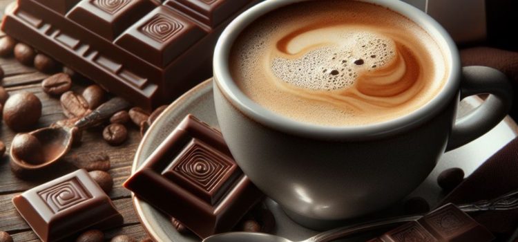 A mug of coffee next to chocolate bars illustrates the dangers of endocrine disruptors in food