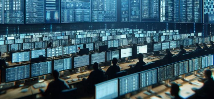 People working at a command center full of computer screens, searching what the misinformation effect is.