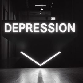 A neon sign reading "DEPRESSION" in a dark room that represents what causes depression in the brain.