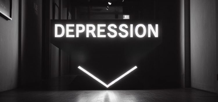 A neon sign reading "DEPRESSION" in a dark room that represents what causes depression in the brain.