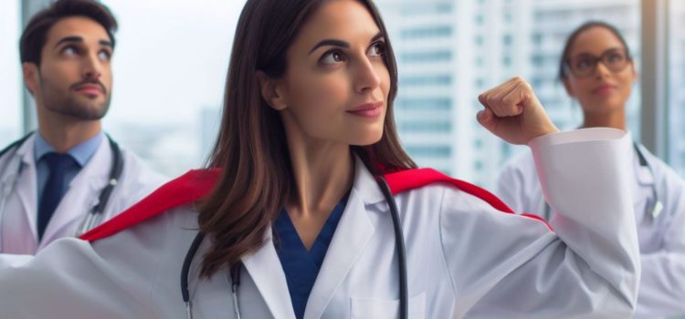 A doctor empowering herself by wearing a cape and doing a superhero pose.