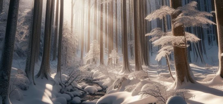 Trees in the winter covered in snow and a stream flows through the forest