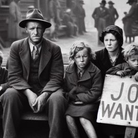 A poor American family holding a “Job Wanted” in the street sign illustrates history of the Great Depression and the New Deal