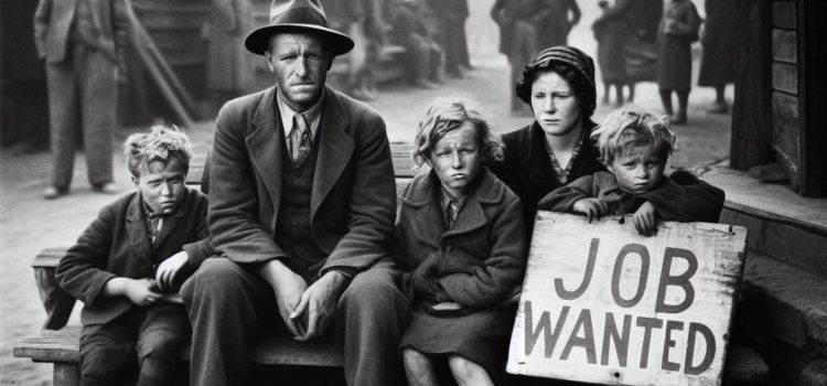 A poor American family holding a “Job Wanted” in the street sign illustrates history of the Great Depression and the New Deal