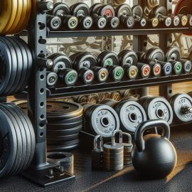 Weights on shelves and the floor at the gym, disputing common fitness myths.