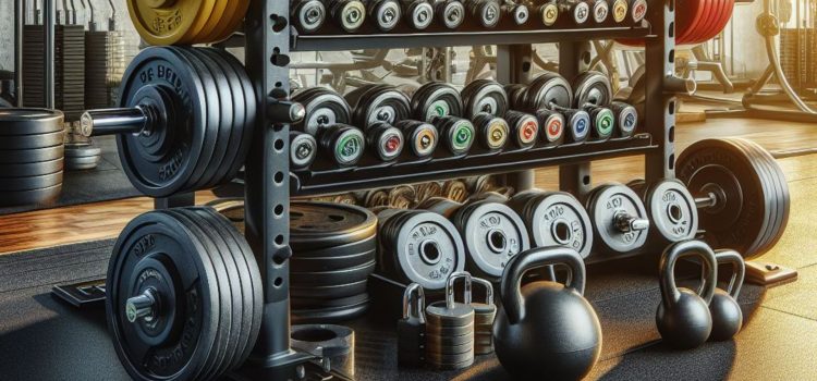 Weights on shelves and the floor at the gym, disputing common fitness myths.