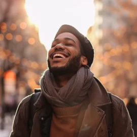 A smiling man feeling high-vibration emotions while walking down a city street