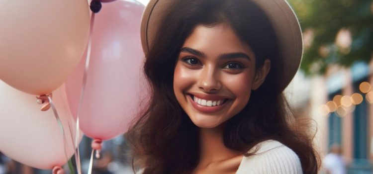 A woman who knows how to feel positive emotions, smiling and holding balloons