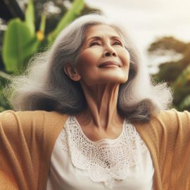 A smiling older woman spreads her arms with joy, learning how to have fun in life