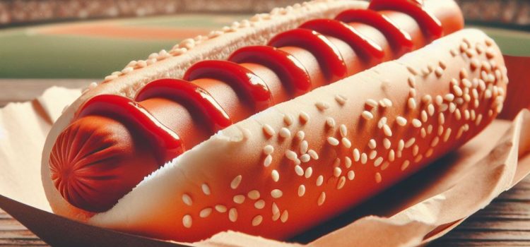 A hot dog with ketchup on it in the foreground of a baseball stadium.