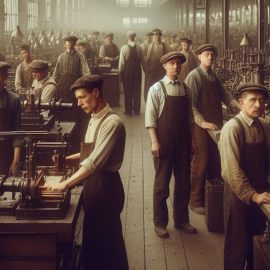 Workers at a factory in the early 20th century illustrate the history of labor movement in America