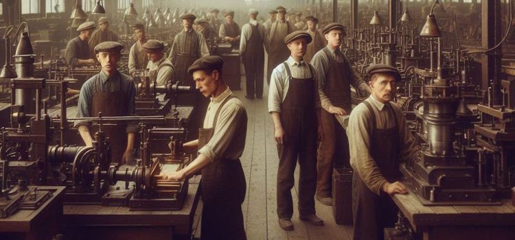 Workers at a factory in the early 20th century illustrate the history of labor movement in America
