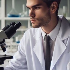 A scientist looking into a microscope, studying men's fertility.