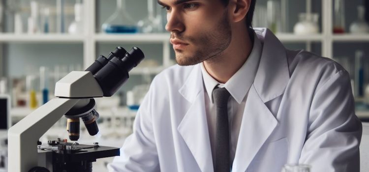 A scientist looking into a microscope, studying men's fertility.