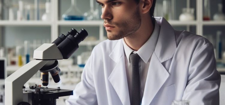 What Affects Men’s Fertility? The Huberman Lab Explains A scientist looking into a microscope, studying men's fertility.