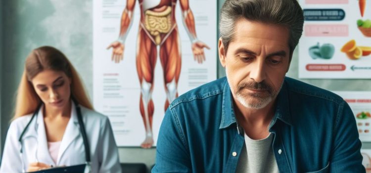 A man sitting at a doctor's office with a diagram of a man's body behind him.