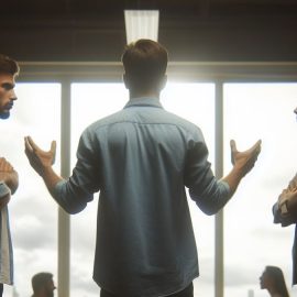 A man practices verbal de-escalation strategies in a workspace with two employees who are upset with each other