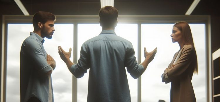 A man practices verbal de-escalation strategies in a workspace with two employees who are upset with each other