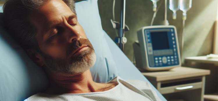 A man with poor sexual health lying in a hospital bed next to a monitor.