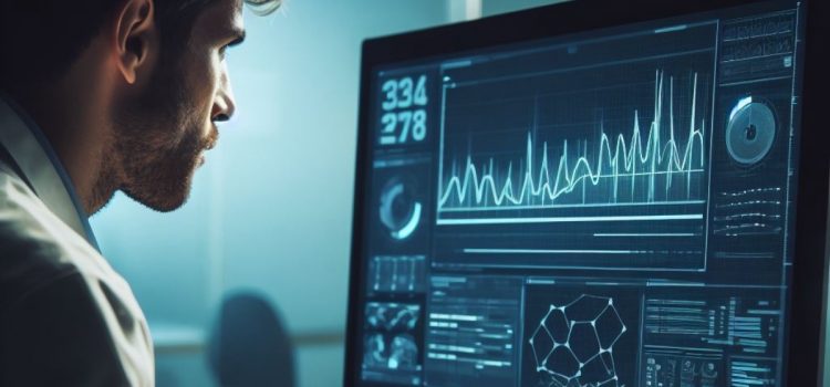 The Four Types of Information Your Brain Takes in Every Day A man looking at a computer monitor intaking four types of information with graphs and lines.