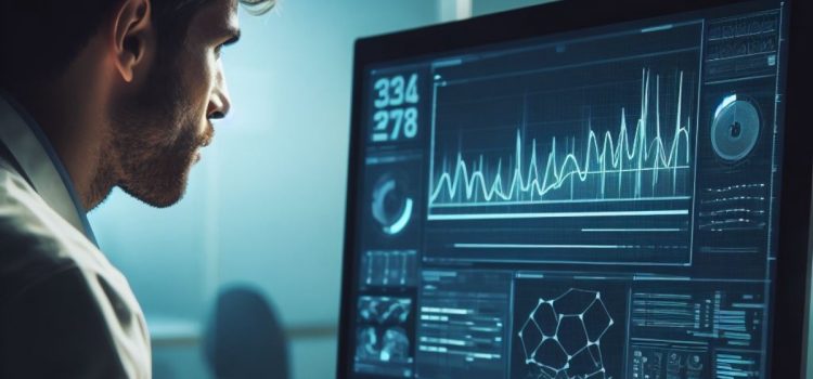 A man looking at a computer monitor intaking four types of information with graphs and lines.