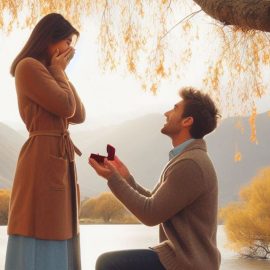 A man who knows when to commit in a relationship who's proposing to his girlfriend under a tree.