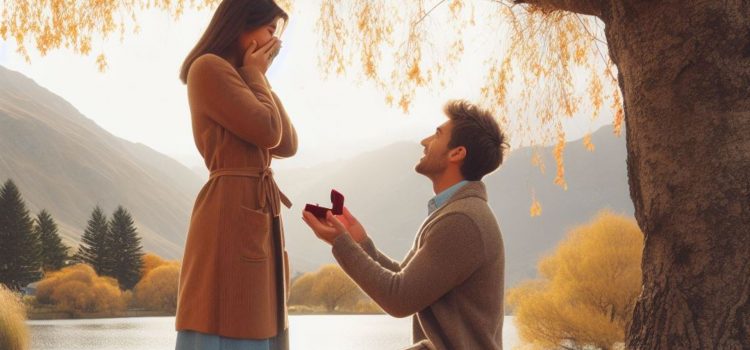 A man who knows when to commit in a relationship who's proposing to his girlfriend under a tree.