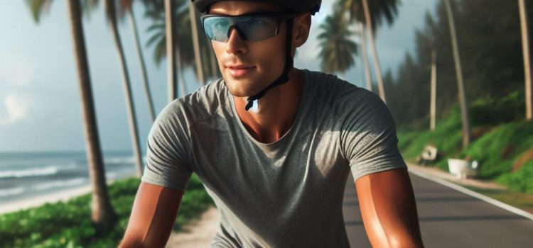 A man riding a bike down a road next to the beach and palm trees.