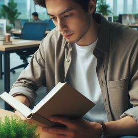 A young man reading a book at a desk in an office.