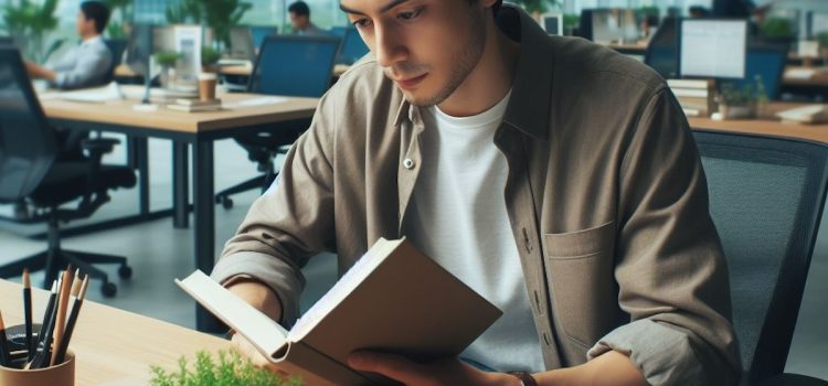 A young man reading a book at a desk in an office.