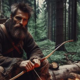 A man surviving in the woods with a bow and arrow, using his human survival instincts.