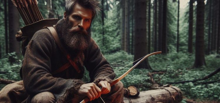 A man surviving in the woods with a bow and arrow, using his human survival instincts.