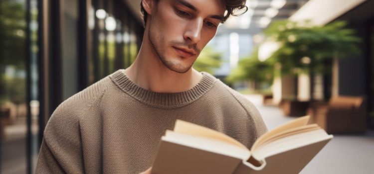 Slipstream Time Hacking by Benjamin Hardy: Book Overview A man wearing a sweater and reading a book in an atrium