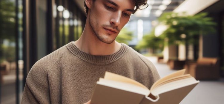 A man wearing a sweater and reading a book in an atrium